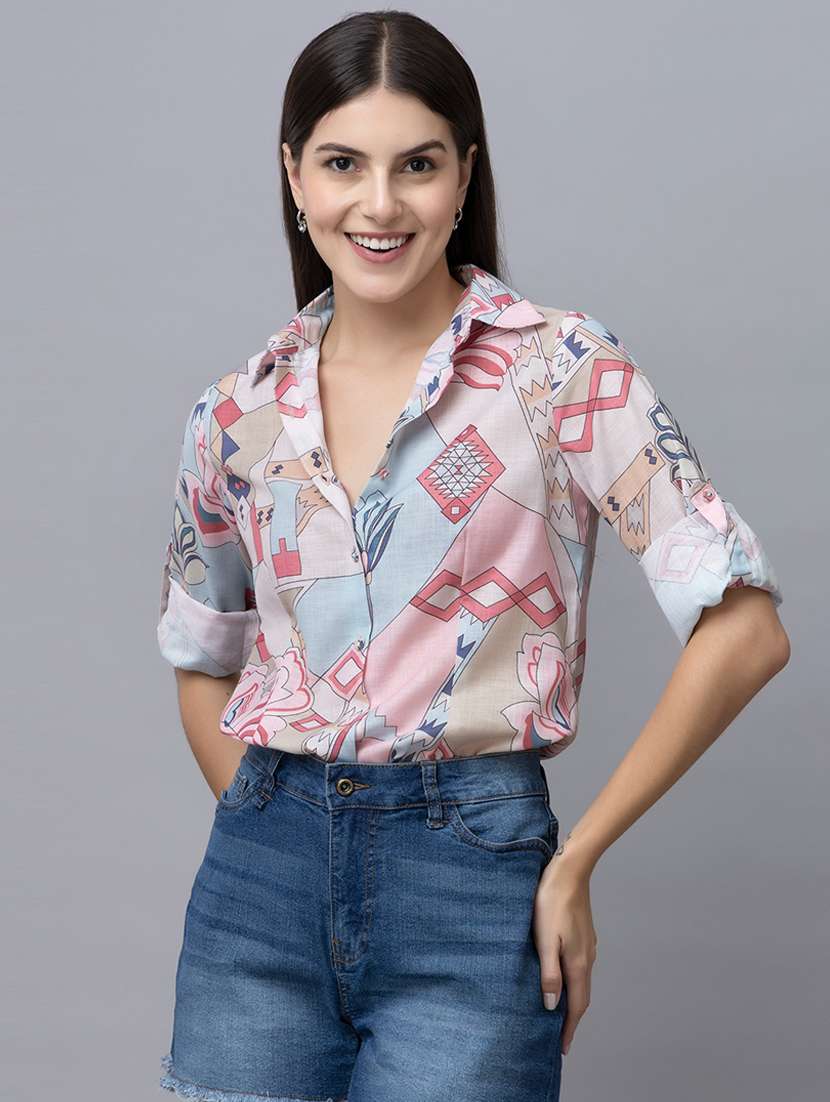 women printed collared long sleeves shirt - 21460996 - Zoom Image - 0