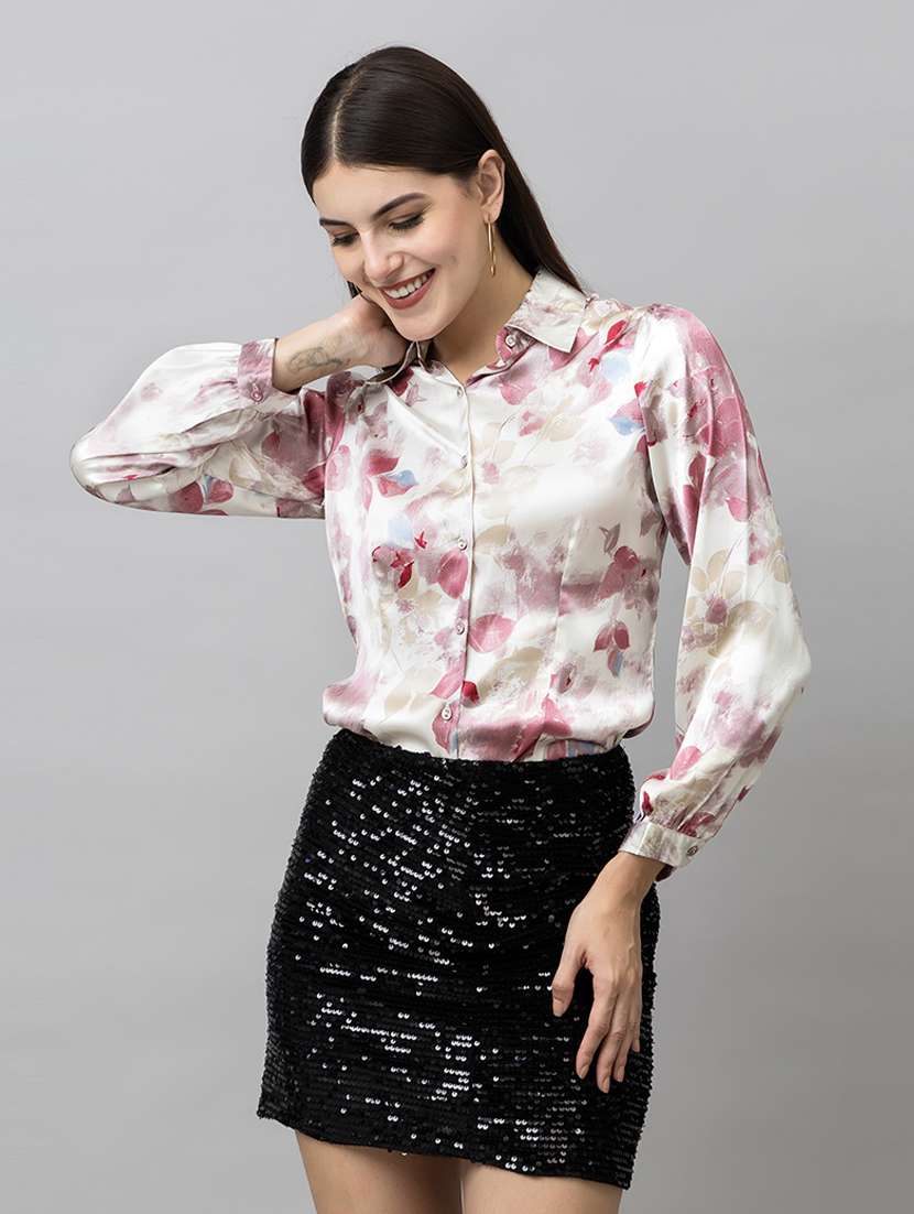 women printed collared long sleeves shirt