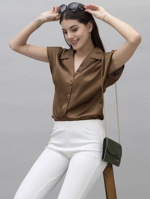 women solid lapel collared cap sleeves shirt - 21461024 - Standard Image - 0