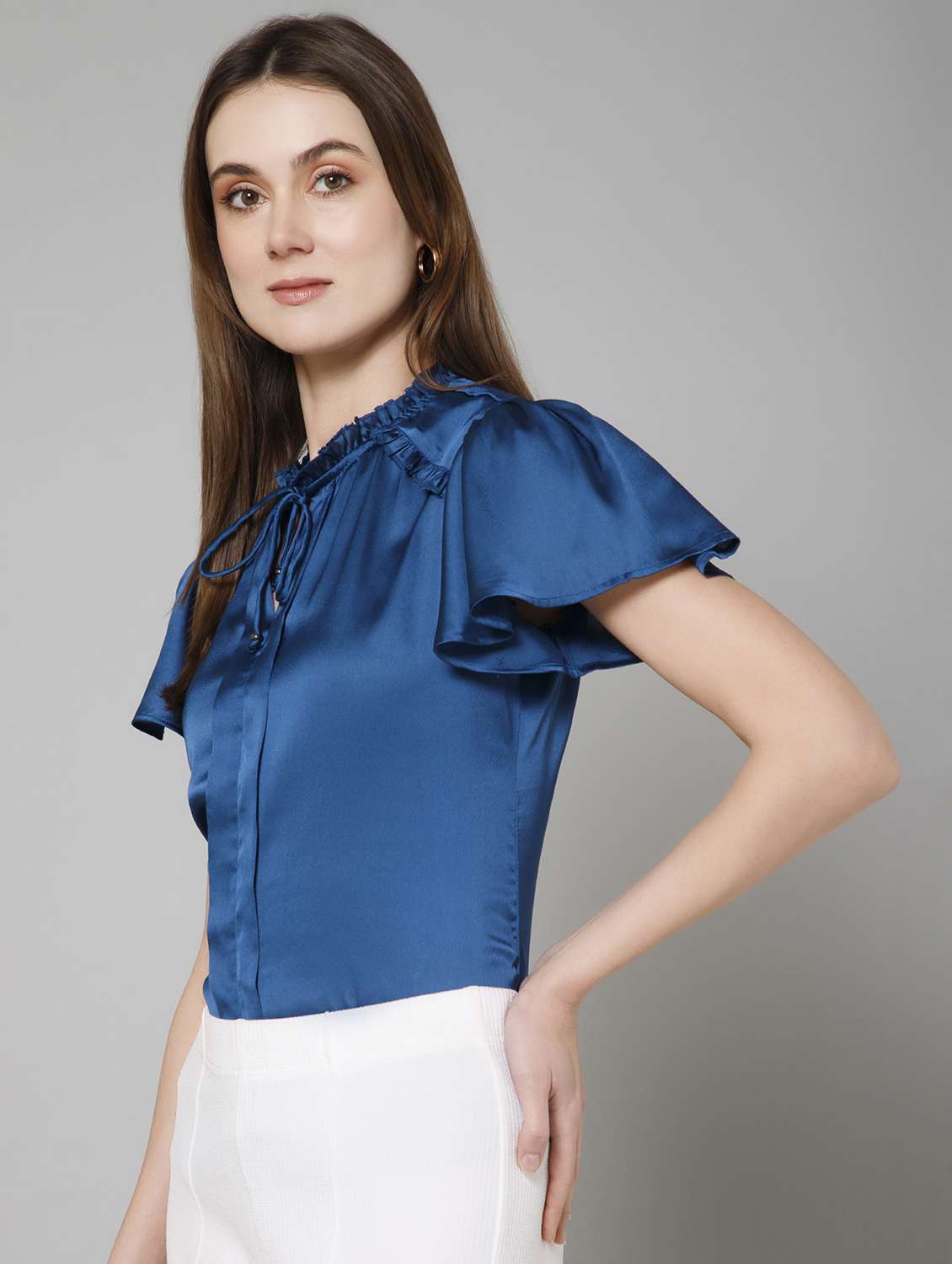 women solid tie-up neck regular top - 21461026 -  Standard Image - 2