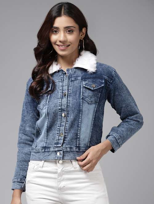 women blue denim jacket with fur collar - 21461479 - Standard Image - 0