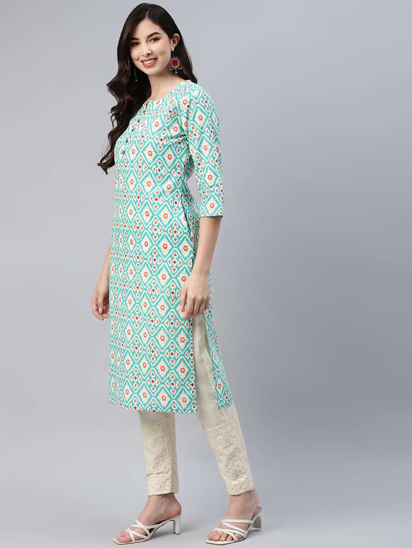 women sea green cotton straight kurta - 21461735 -  Standard Image - 2