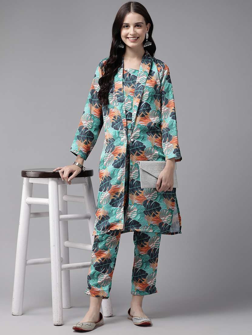 women printed top and trouser co-ord set with jacket