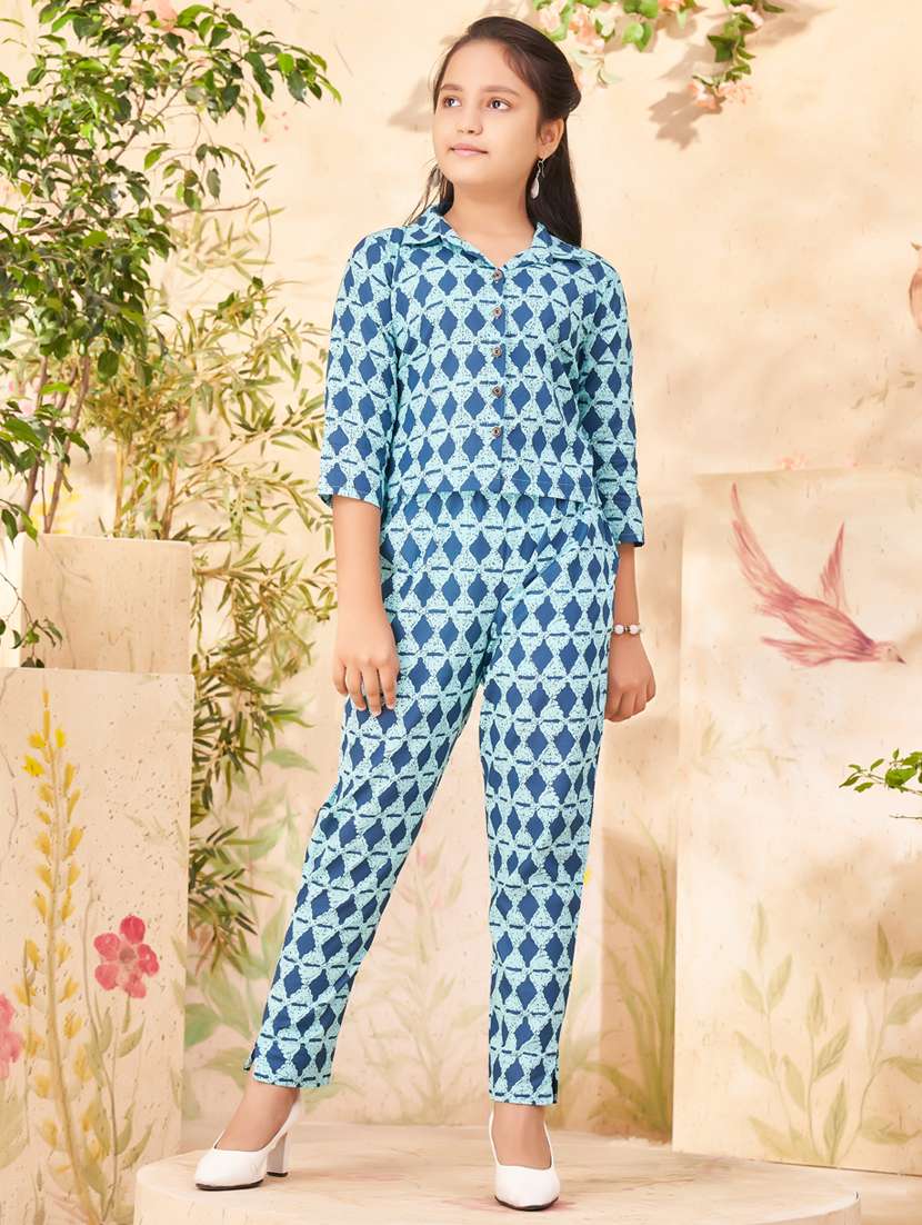 girls printed full length twin set
