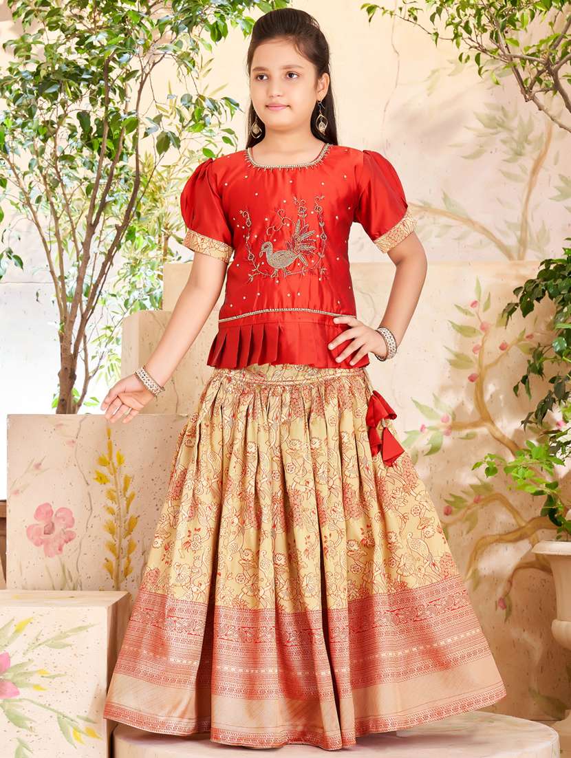 girls self design silk lehenga choli
