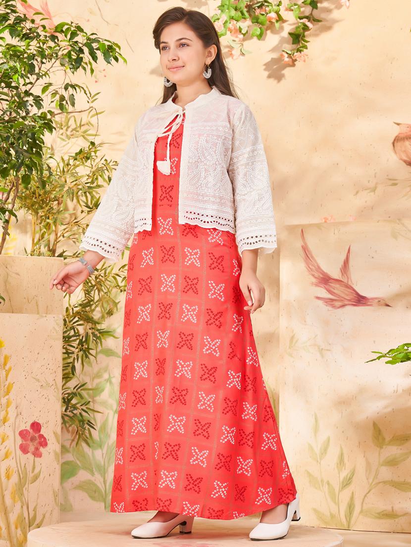 girls orange printed kurta with jacket - 21462224 - Standard Image - 2