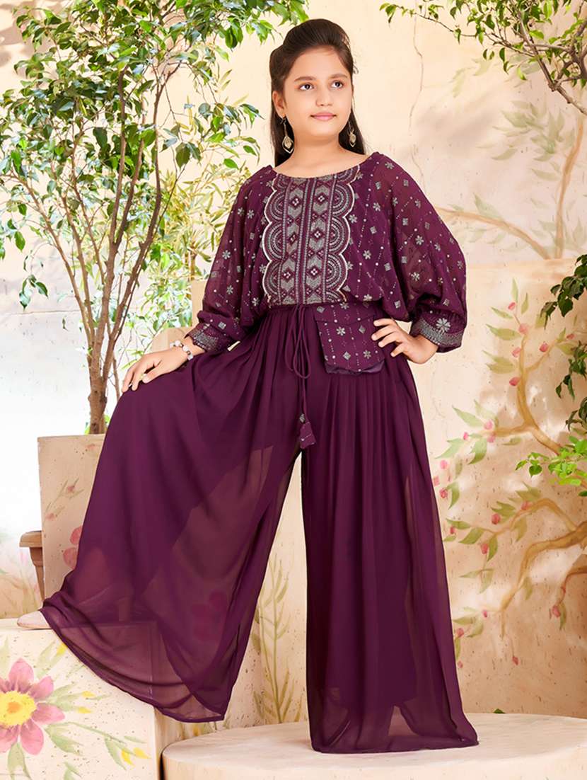 girls purple georgette top pant set 