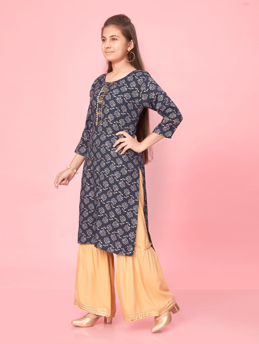 girls navy blue cotton kurta sharara suit set - 21462576 - Standard Image - 2