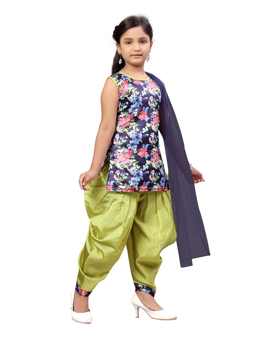 girls navy blue silk blend kurta salwar suit set - 21462584 - Standard Image - 2