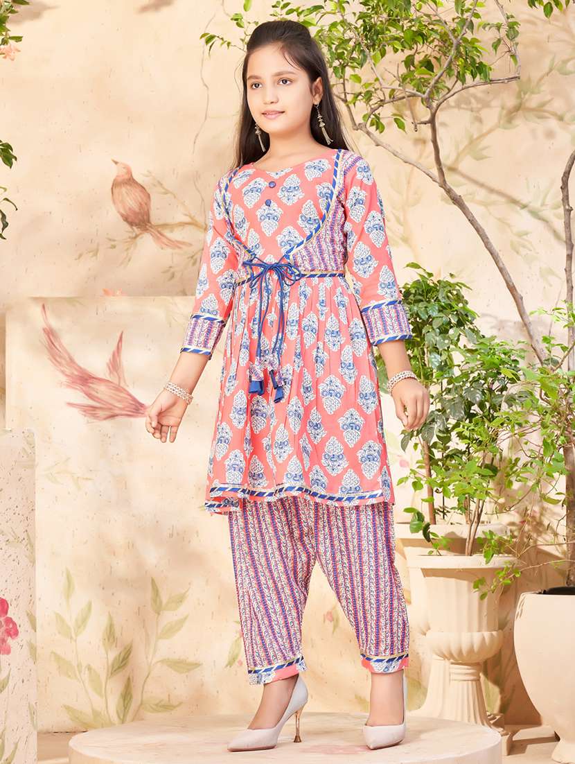 girls peach cotton kurta pant suit set - 21462605 -  Standard Image - 2