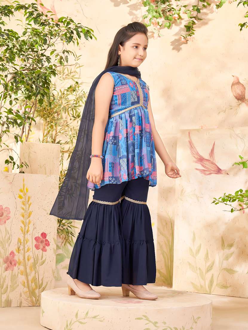 girls blue georgette kurta sharara suit set - 21462616 -  Standard Image - 2