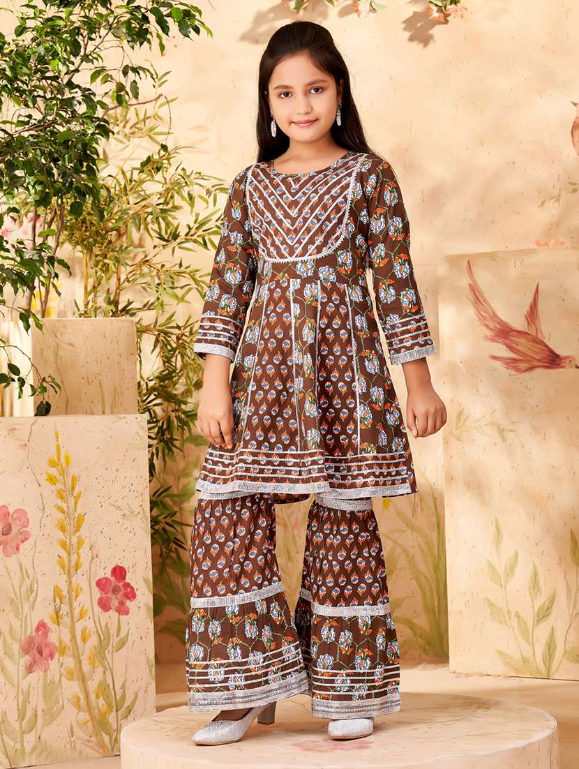 girls brown cotton kurta sharara suit set - 21462643 - Zoom Image - 0