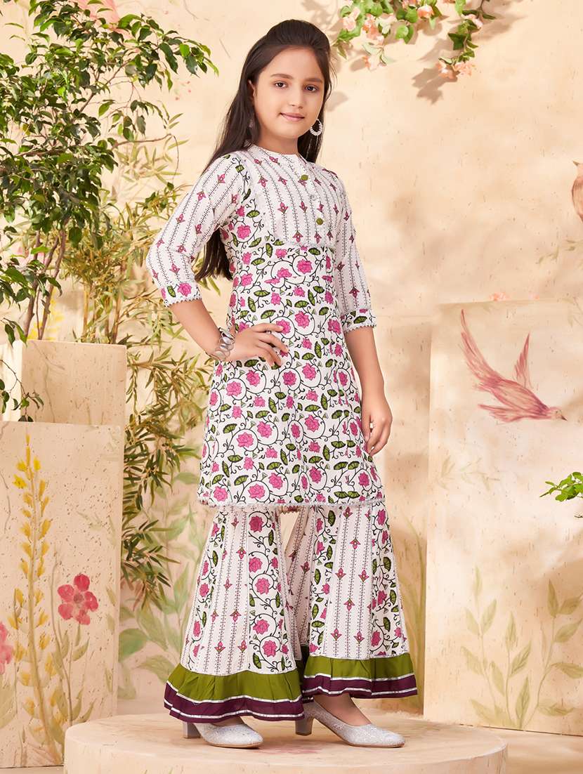 Girls White Cotton Kurta Sharara Suit Set