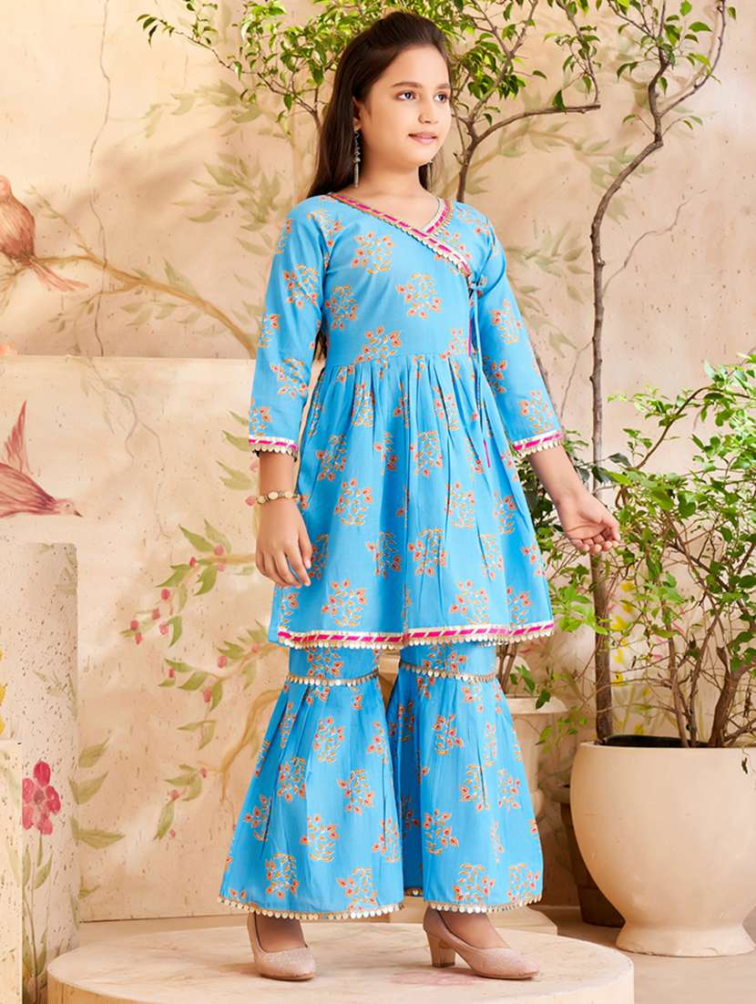 girls blue cotton kurta sharara suit set - 21462649 -  Standard Image - 2