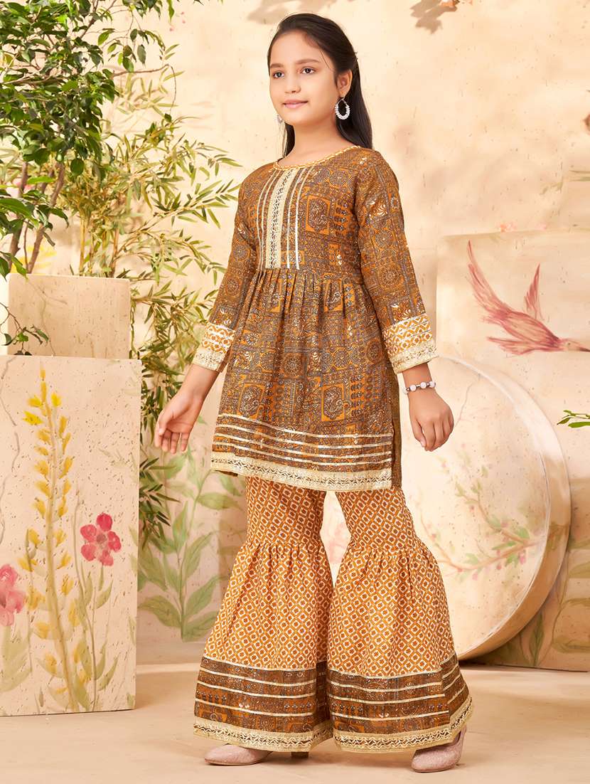 girls mustard cotton blend sharara suit set - 21462653 -  Standard Image - 2
