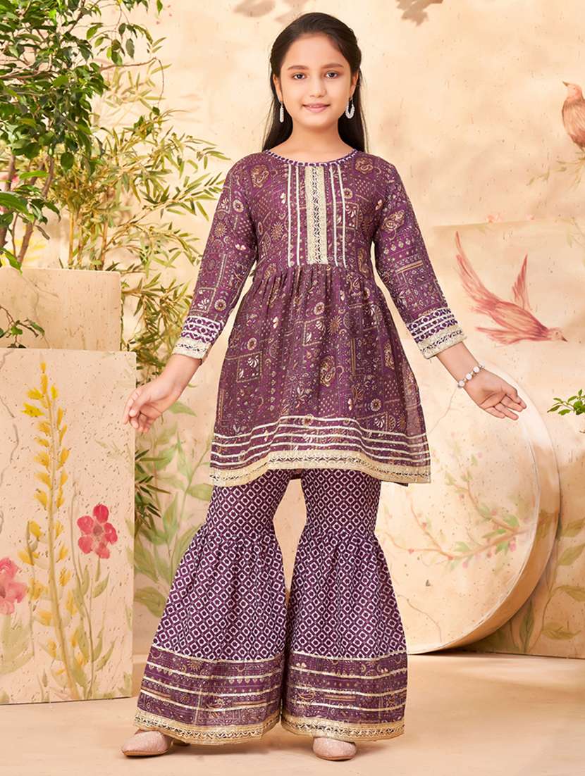 girls purple cotton blend kurta sharara suit set