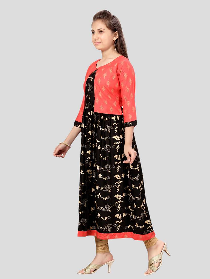 girls black printed flared kurta with jacket - 21462663 -  Standard Image - 2