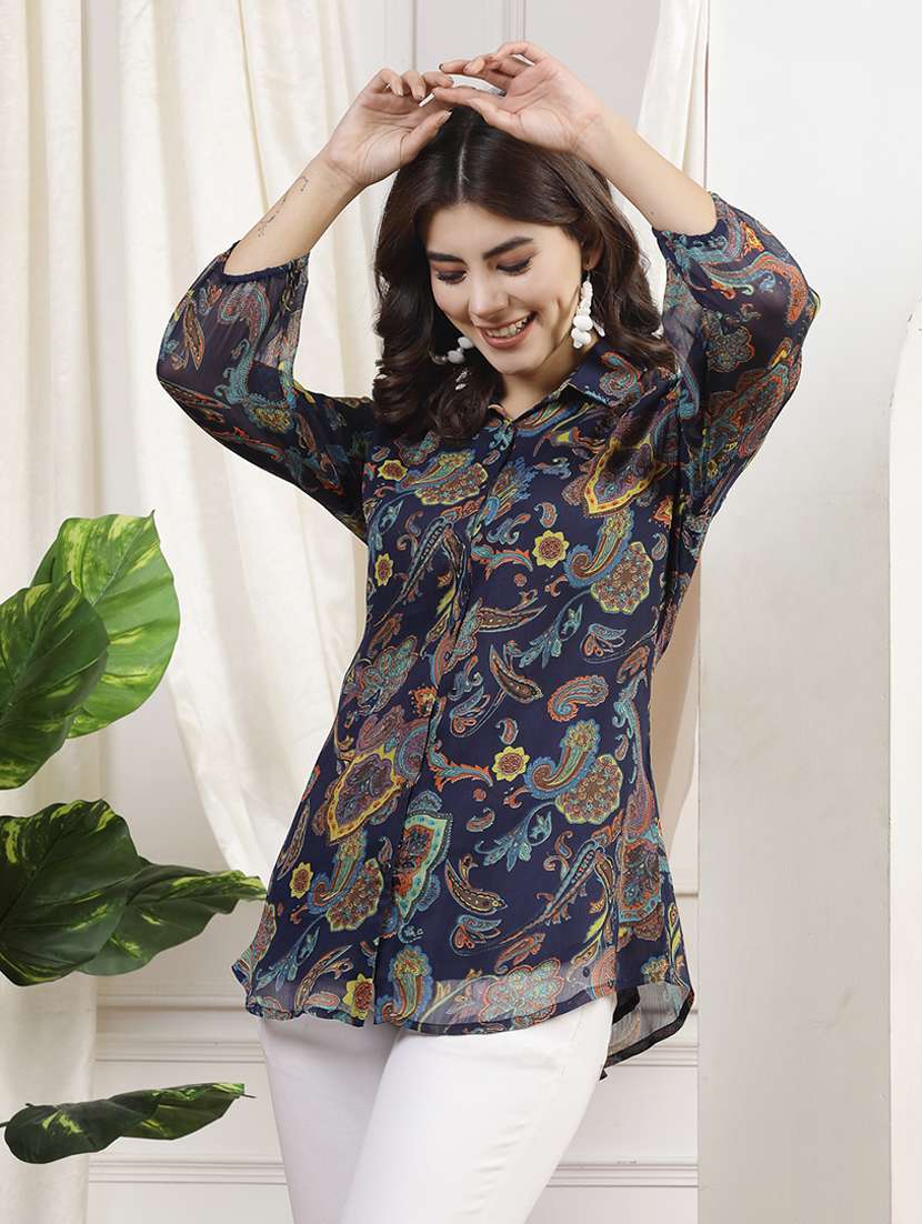 women navy blue printed long sleeves shirt - 21463029 -  Standard Image - 2