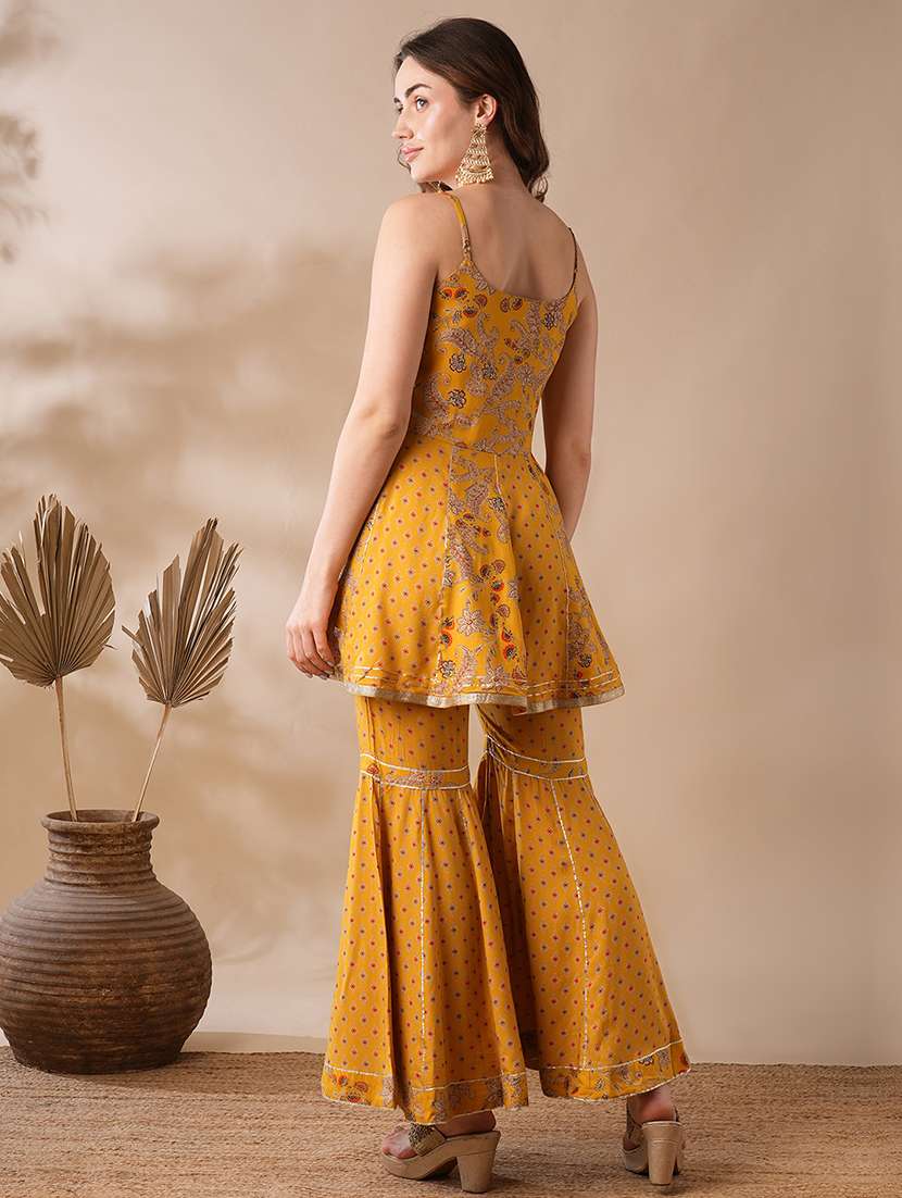 globus women yellow strappy shoulder gold foil floral printed gotta lace tunic & gharara fusion co-ord set - 21463081 - Standard Image - 2