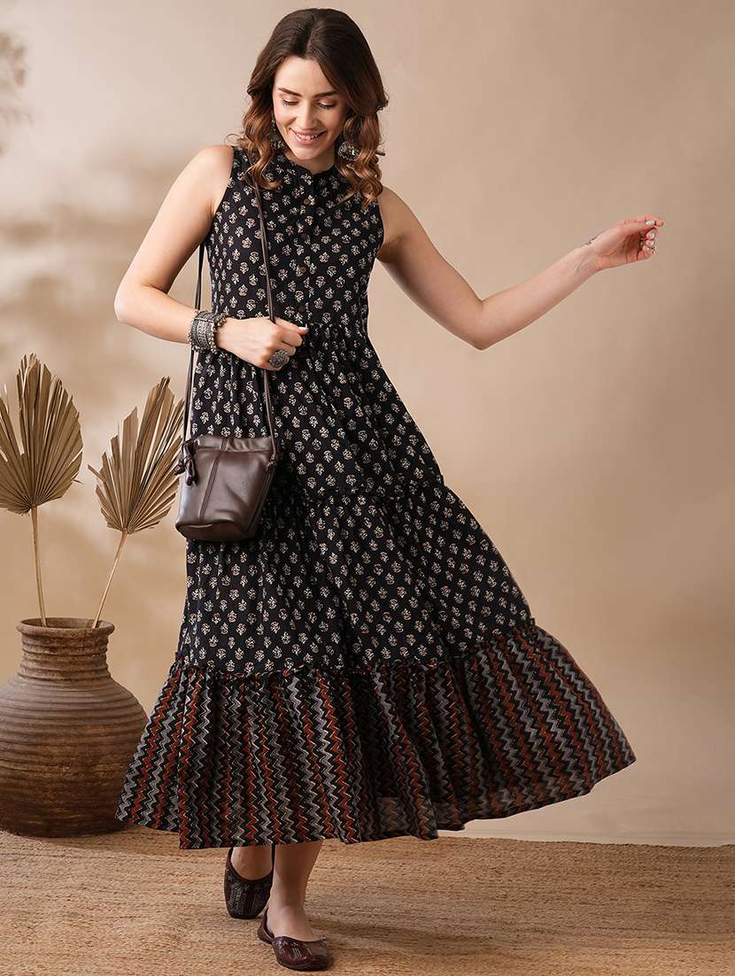 globus women black ethnic block print mandarin collar flared hem tiered maxi fusion dress