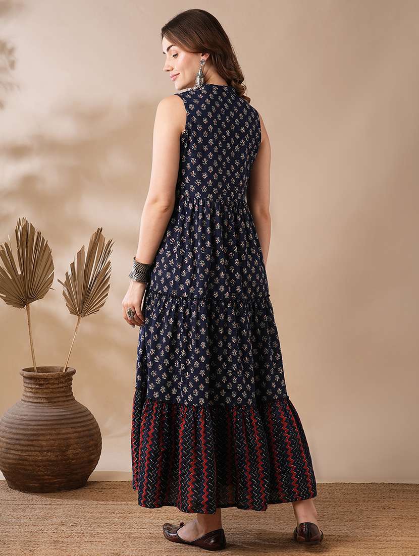 globus women blue ethnic block print mandarin collar flared hem tiered maxi fusion dress - 21463083 -  Standard Image - 2
