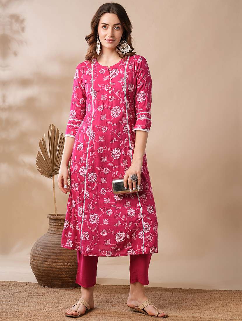 globus women pink floral printed lace inserts panelled a-line workwear kurta & elasticated pants set