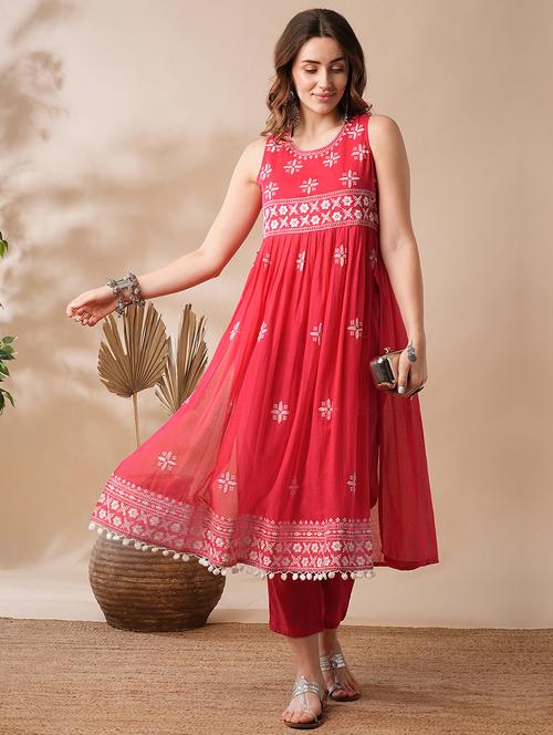 globus women red floral embroidered pleated high-slit pom pom hem a-line festive kurta & pants set - 21463094 -  Standard Image - 0