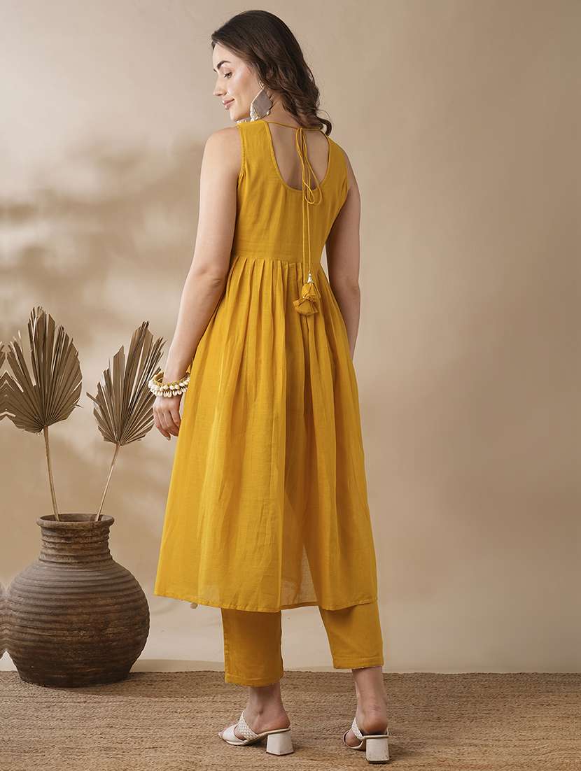 globus women mustard floral embroidered pleated high-slit pom pom hem a-line festive kurta & pants set - 21463095 -  Standard Image - 2