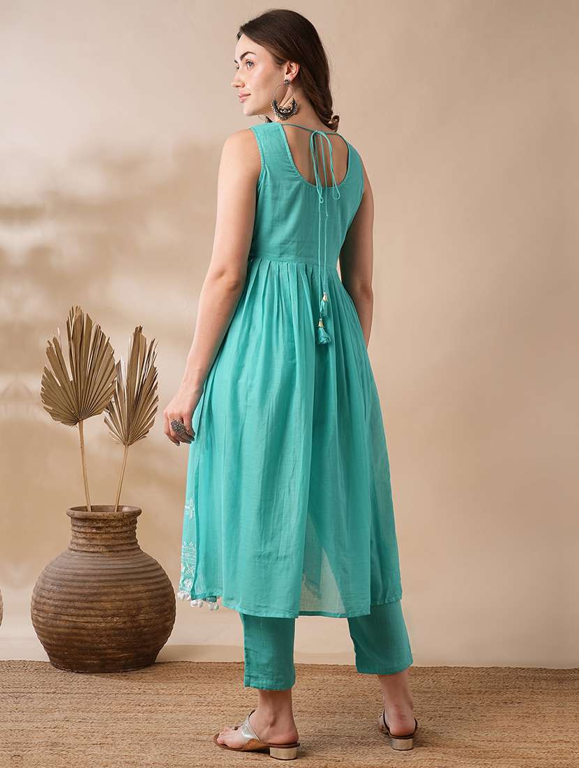 globus women blue floral embroidered pleated high-slit pom pom hem a-line festive kurta & pants set - 21463096 -  Standard Image - 2