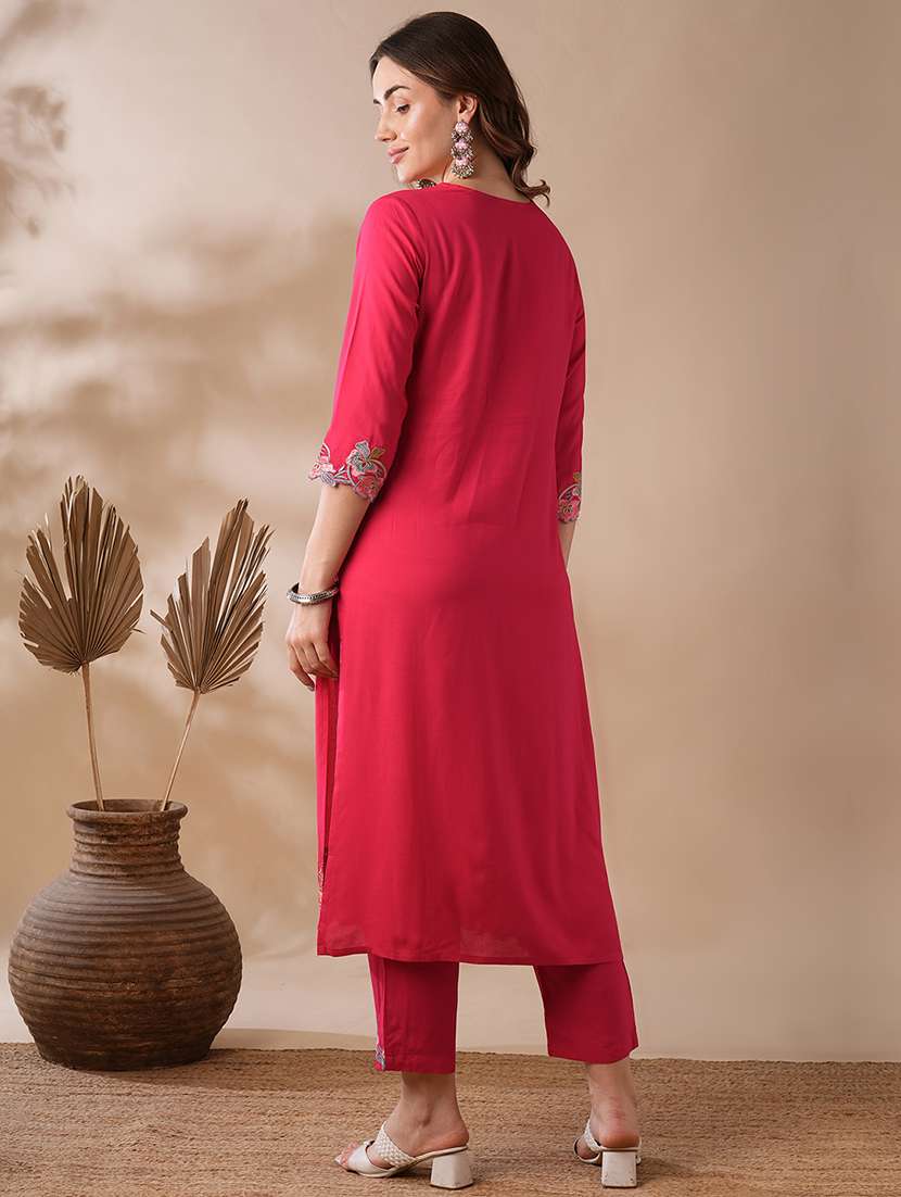 globus women pink potli button floral scalloped hem straight workwear kurta & elasticated pants set - 21463097 -  Standard Image - 2