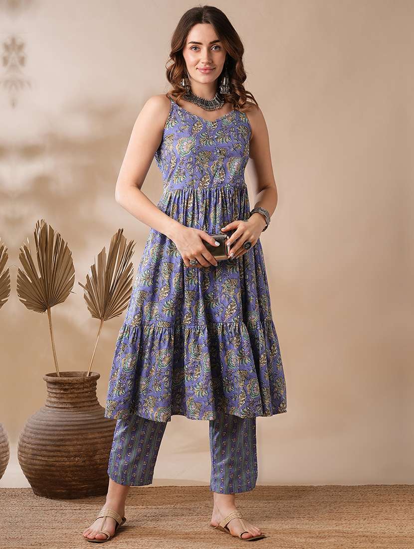 globus women purple v-neck strappy shoulder mix & match floral print tiered fusion a-line kurta & pants set