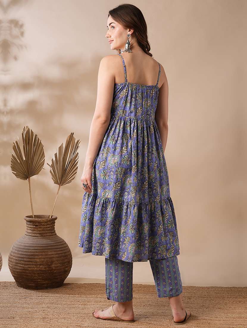 globus women purple v-neck strappy shoulder mix & match floral print tiered fusion a-line kurta & pants set - 21463099 -  Standard Image - 2