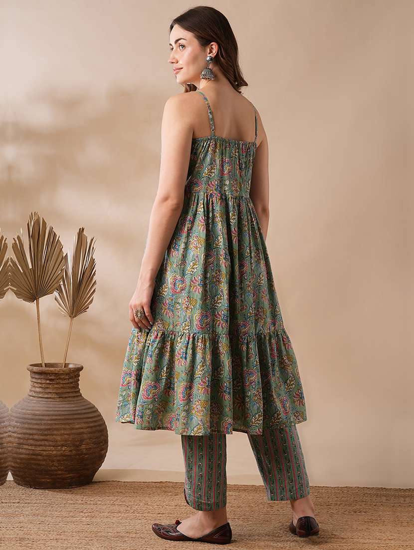globus women green v-neck strappy shoulder mix & match floral print tiered fusion a-line kurta & pants set - 21463100 -  Standard Image - 2