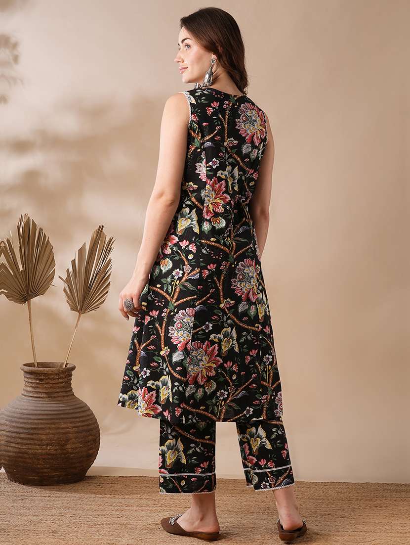 globus women black lace insert v-neck vibrant floral print a-line festive kurta & elasticated pants set - 21463101 -  Standard Image - 2