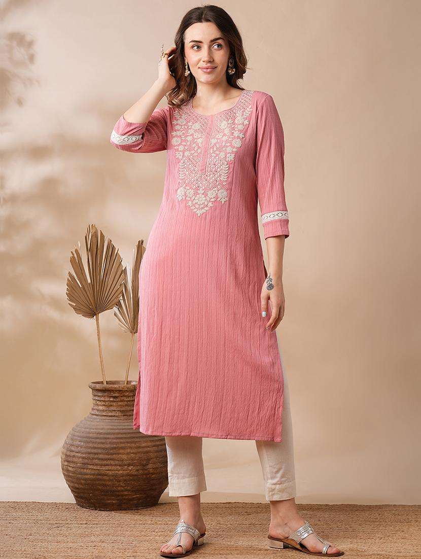 globus women pink sequinned & floral embroidered yoke structured fabric straight workwear kurta