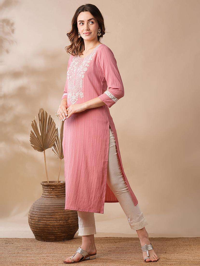 globus women pink sequinned & floral embroidered yoke structured fabric straight workwear kurta - 21463106 -  Standard Image - 2