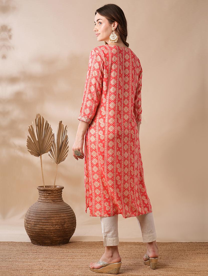 globus women coral gotta patti v-neck gold foil block floral printed straight workwear kurta - 21463107 - Standard Image - 2