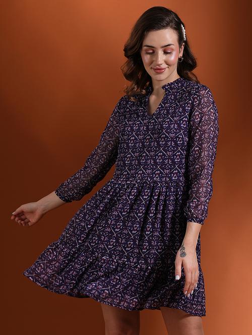 globus women blue allover tribal print v-neck fit & flare tiered mini dress - 21463113 -  Standard Image - 0