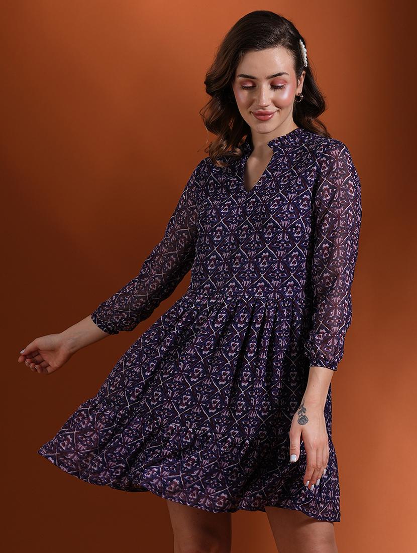 globus women blue allover tribal print v-neck fit & flare tiered mini dress - 21463113 -  Zoom Image - 0
