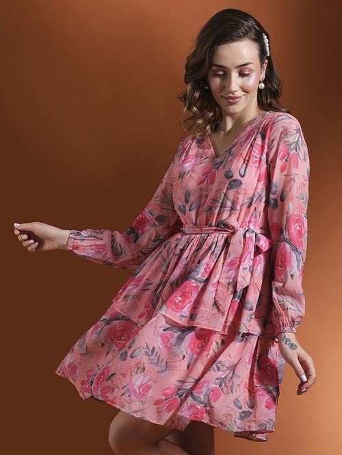 globus women peach floral print bishop sleeves v-neck waist tie-up fit & flare layered dress - 21463115 - Standard Image - 0