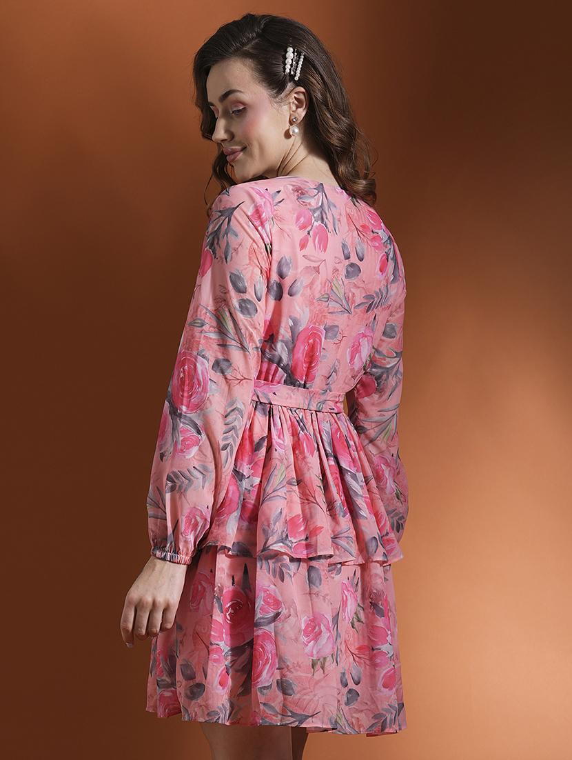 globus women peach floral print bishop sleeves v-neck waist tie-up fit & flare layered dress - 21463115 - Standard Image - 2