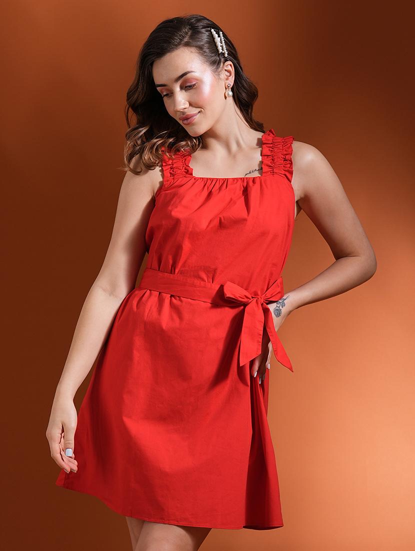 globus women red square neck ruched detail shoulder strap belted mini a-line dress - 21463116 -  Zoom Image - 0