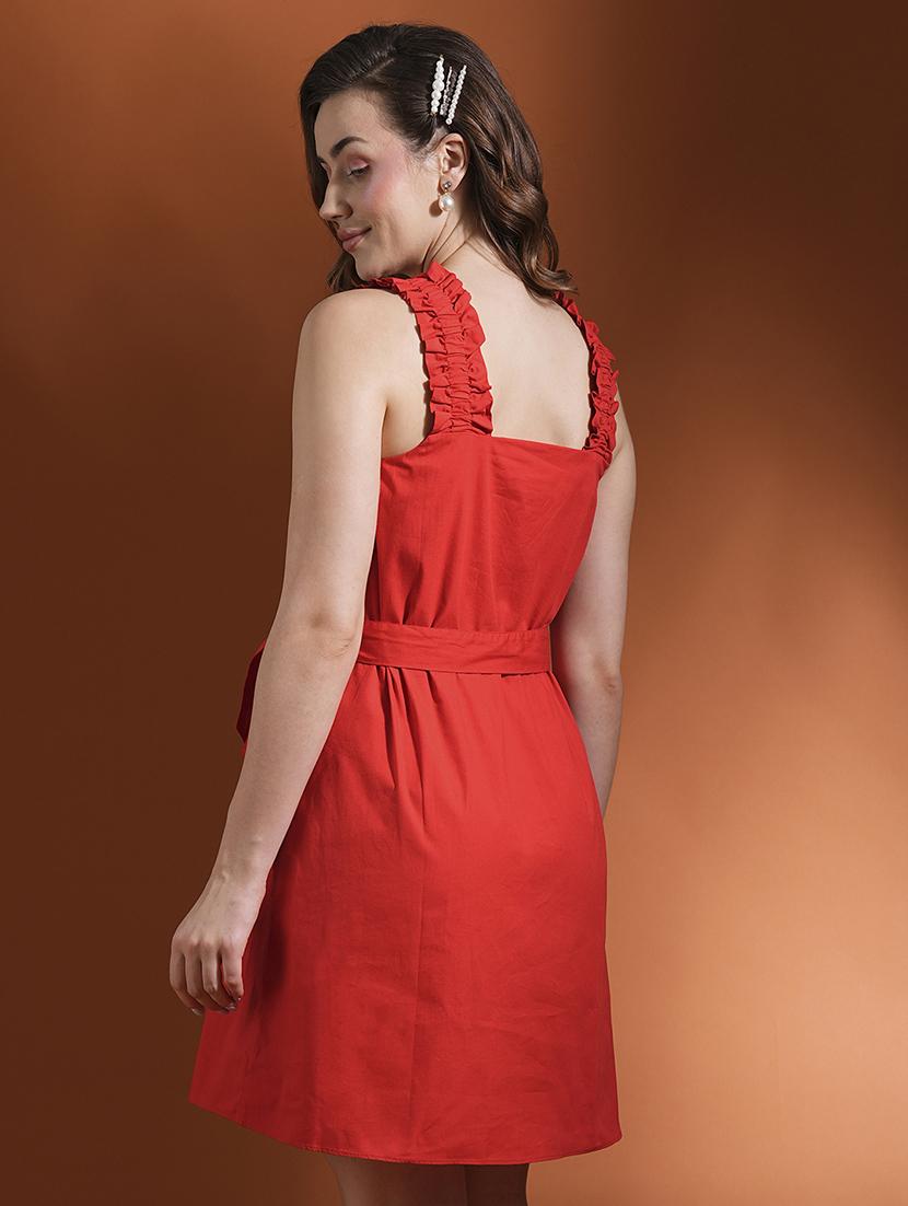globus women red square neck ruched detail shoulder strap belted mini a-line dress - 21463116 - Standard Image - 2
