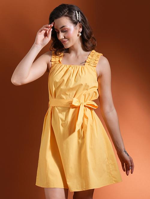 globus women yellow square neck ruched detail shoulder strap belted mini a-line dress - 21463117 - Standard Image - 0