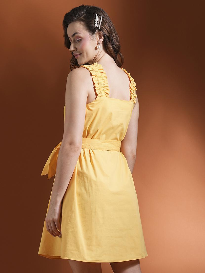 globus women yellow square neck ruched detail shoulder strap belted mini a-line dress - 21463117 - Standard Image - 2
