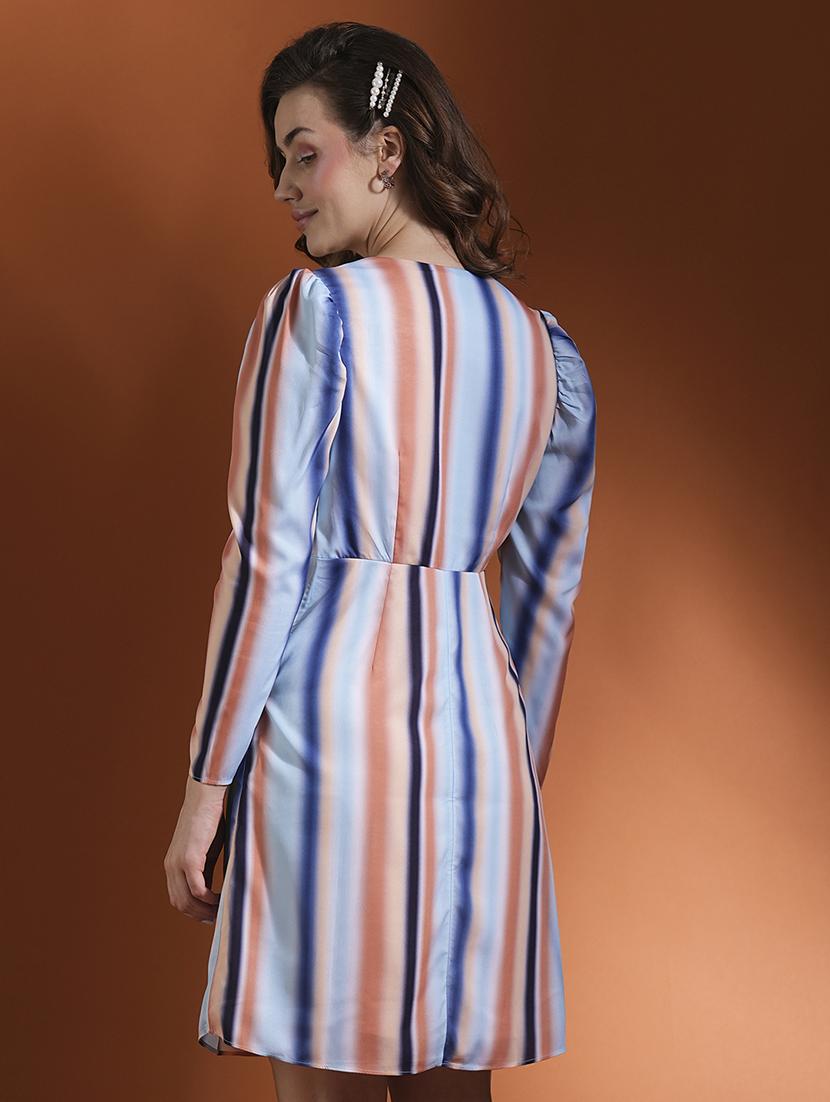 globus women multi colour candy striped long puff sleeve wrap neck sheath workwear dress - 21463124 - Standard Image - 2