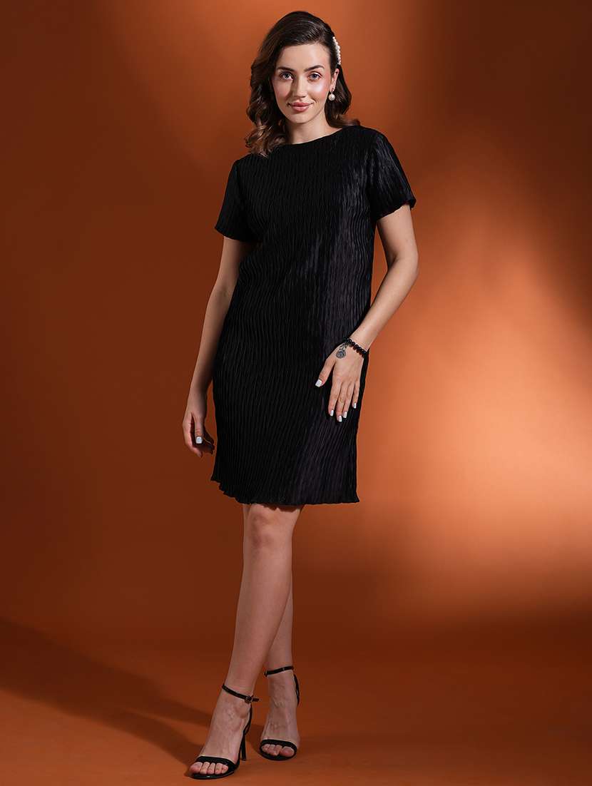 globus women black self textured round neck short sleeves sheath workwear dress - 21463125 - Standard Image - 2