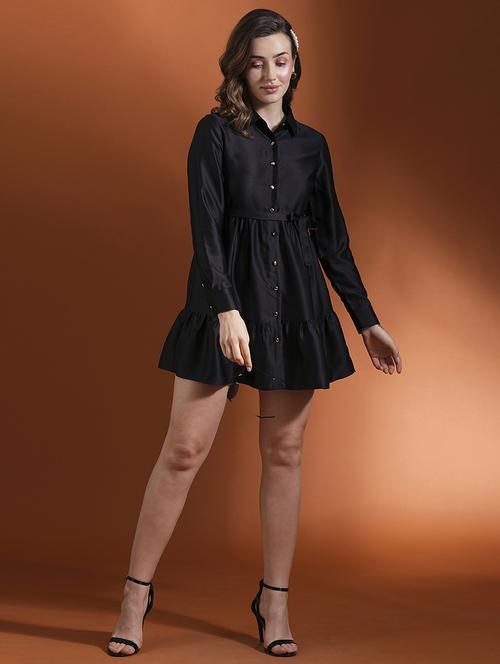 globus women black cuff sleeves shirt collar button down belted fit & flare mini party dress - 21463126 - Standard Image - 0