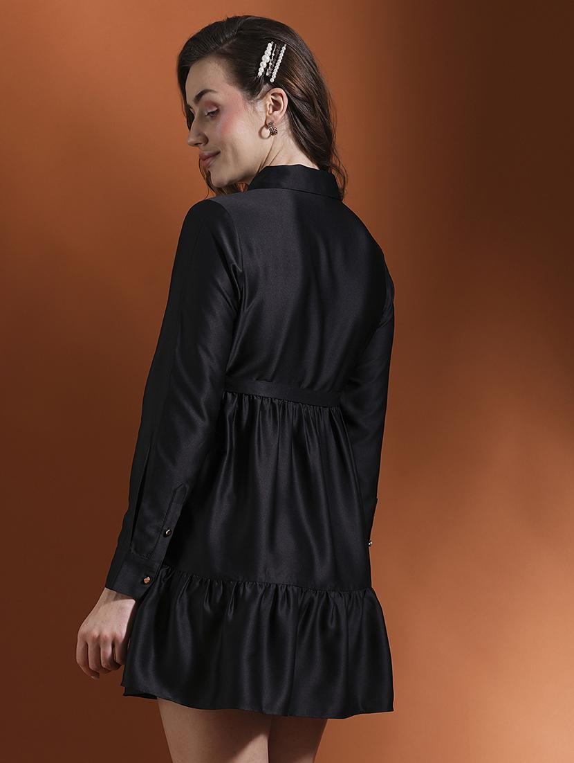 globus women black cuff sleeves shirt collar button down belted fit & flare mini party dress - 21463126 - Standard Image - 2