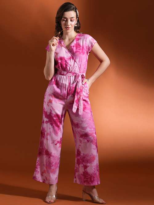globus women pink tie- dye print wrap neck waist tie-up flared hem work wear jumpsuit - 21463128 -  Standard Image - 0